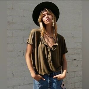 Free People We the Free Charlie olive linen blend heirloom Henley top